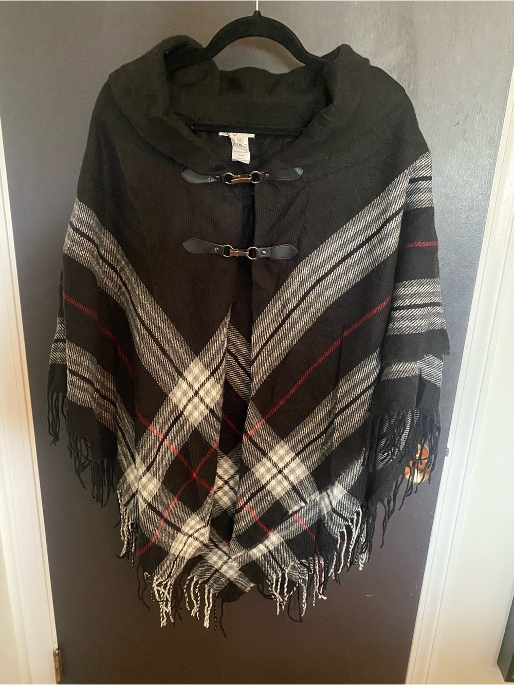 cleo Black Plaid Hooded Poncho with Toggle Closures